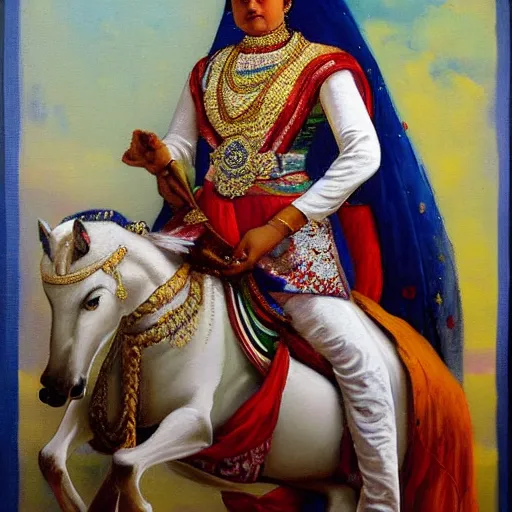 Prompt: a painting of a woman riding a white horse, an oil on canvas painting by raja ravi varma, featured on deviantart, qajar art, detailed painting, oil on canvas, acrylic art