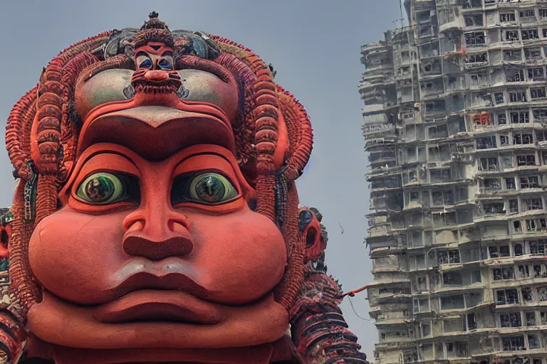 Image similar to high quality 3 d cyberpunk biomorphic hanuman head building in the middle of mumbai!!, kalighat highly detailed, cinematic smooth, stephen shore & john j. park, soft morning light, wide shot, high angle, uhd 8 k, deep focus