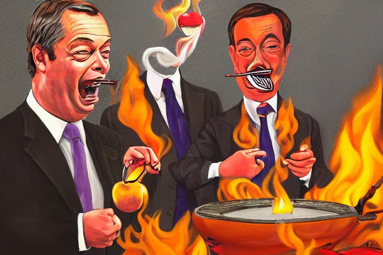 Prompt: a painting of nigel farage being spitroasted by two men over a fire with an apple in his mouth, digital art