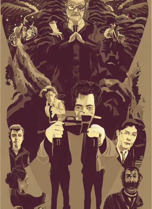 Prompt: Twin Peaks poster artwork by Michael Whelan, Bob Larkin and Tomer Hanuka, Karol Bak of portrait of Taika Waititi & Benicio del Toro dressed as classic sailors, from scene from Twin Peaks, simple illustration, domestic, nostalgic, from scene from Twin Peaks, clean