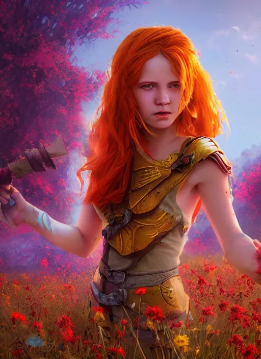 Prompt: An epic fantasy comic book style portrait painting of a young red headed girl with a tiny bright golden bee engraved on her exposed shoulder in a field of flowers , unreal 5, DAZ, hyperrealistic, octane render, cosplay, RPG portrait, dynamic lighting