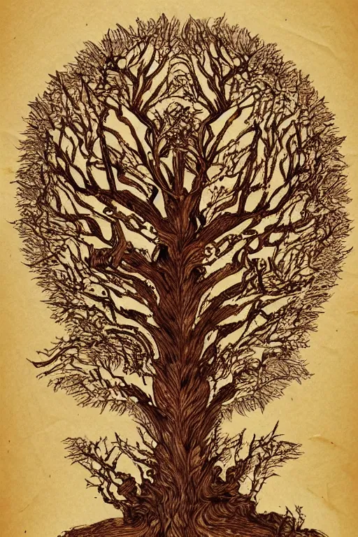 Prompt: a tree, drawn with blood in a parchment, intricate, elegant, highly detailed, smooth, sharp focus, artstation