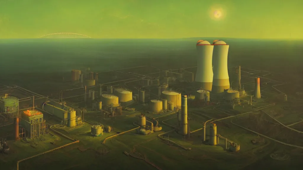 Image similar to A nuclear power plant in utopia by Simon Stålenhag and J.M.W. Turner, oil on canvas; Nuclear Fallout, Art Direction by Adam Adamowicz; 4K, 8K drone shot ; Ultra-Realistic Depth Shading;