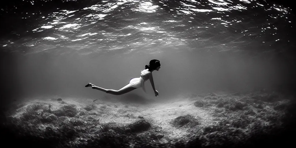 Image similar to deep underwater photography of beautiful model in flat dress in large underwater ballroom by emmanuel lubezki