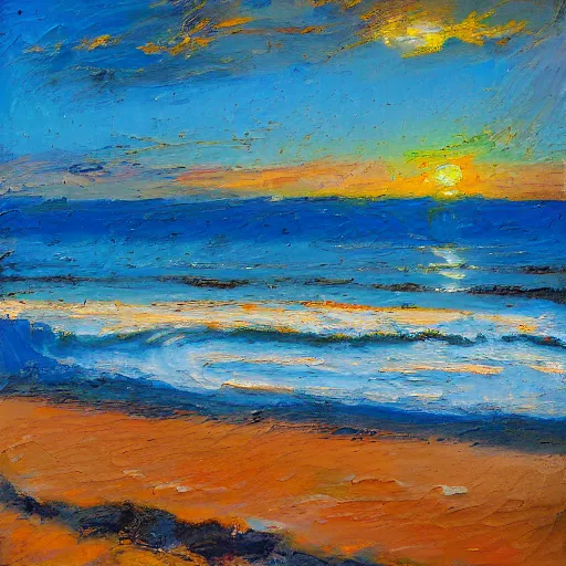 Image similar to leighton beach at sunrise, fremantle, modern, impressionist, highly textured landscape, palette knife, layered, sculptured, dynamic, oil on canvas