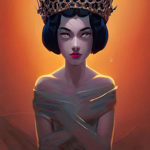 Image similar to face icon stylized minimalist a beautiful black haired woman with pale skin and a crown on her head sitted on an intricate metal throne, loftis, cory behance hd by jesper ejsing, by rhads, makoto shinkai and lois van baarle, ilya kuvshinov, rossdraws global illumination,