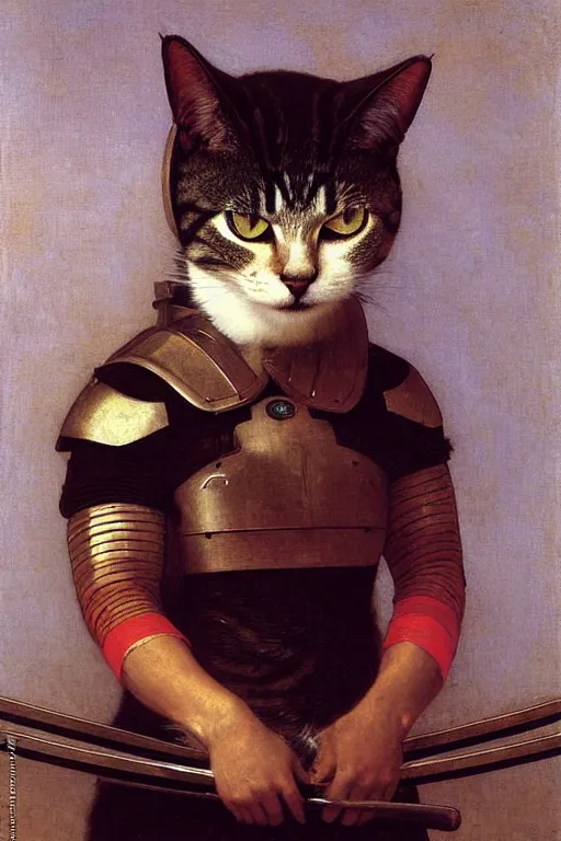 Prompt: portrait of a cat samurai, wearing samurai armor and helmet, majestic, solemn, by bouguereau