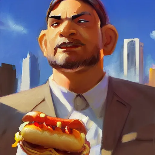 Image similar to greg manchess portrait painting of new york hotdog stand overwatch character, medium shot, asymmetrical, profile picture, organic painting, sunny day, matte painting, bold shapes, hard edges, street art, trending on artstation, by huang guangjian and gil elvgren and sachin teng