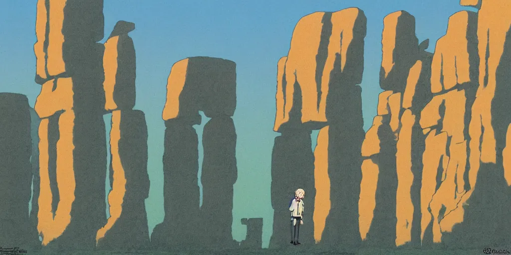 Prompt: a realistic cell - shaded studio ghibli concept art from paprika ( 2 0 0 6 ) of a hairless ape from close encounters of the third kind ( 1 9 7 7 ) in a flooded monument valley stonehenge. very dull colors, wide shot, hd, 4 k, hq