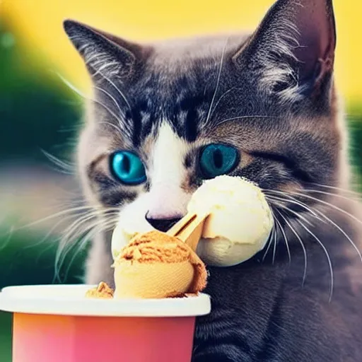 Prompt: realistic photo of a cute cat eating ice cream