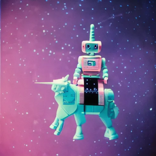 Prompt: a robot riding a pink unicorn in space, cinestill 8 0 0 t, award winning photograph, taken in 1 9 8 3