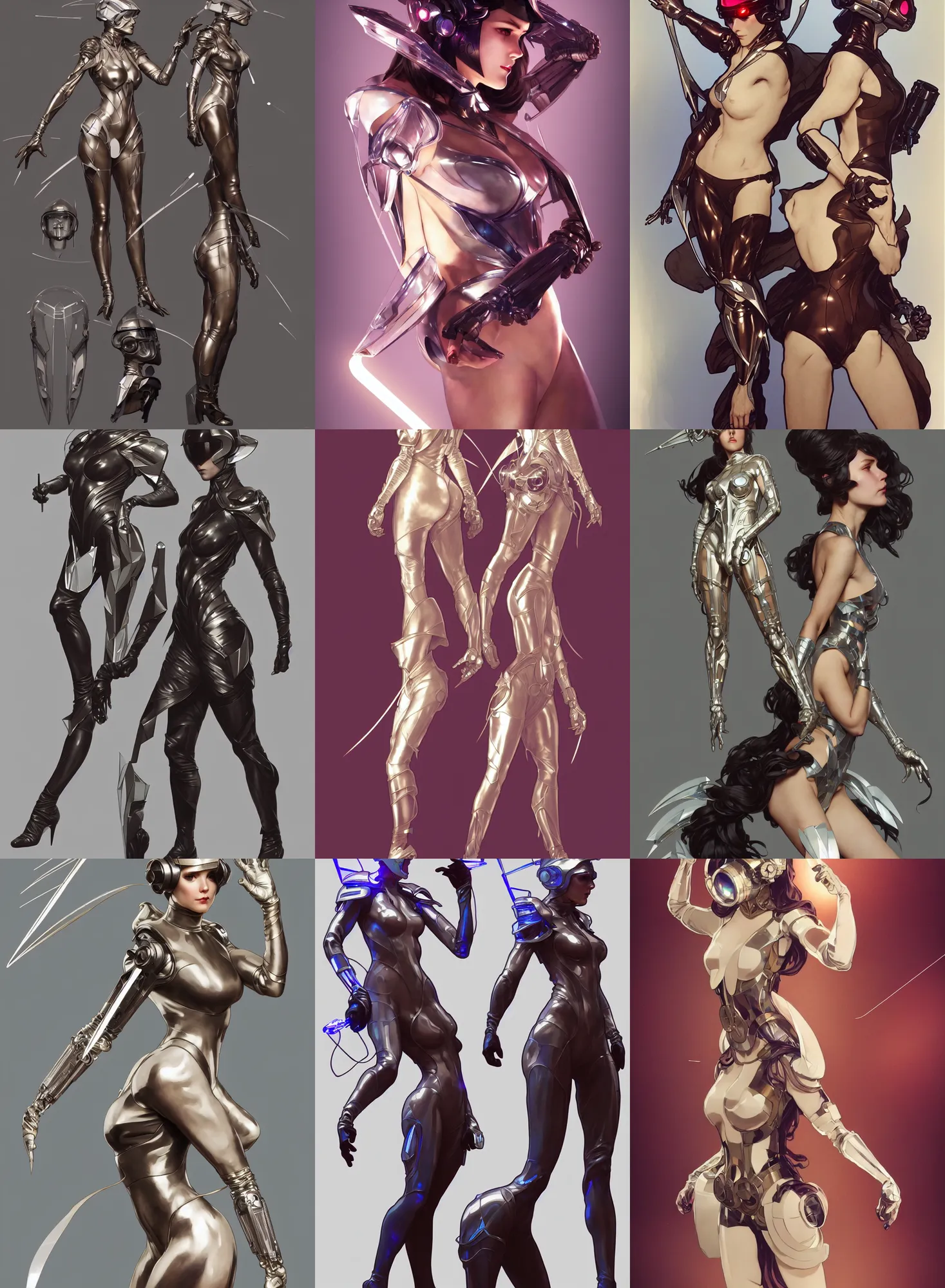 Image similar to a full body character design by artgerm, cushart krenz, greg rutkowski and alphonse mucha. sci - fi dagger. laser and translucent plastic tape project show attctive showgirl!! sci - fi helmet!! sharp edges. ultra clear detailed. contour light effect!! 8 k. ultra detailed, elegant, intricate, octane render.