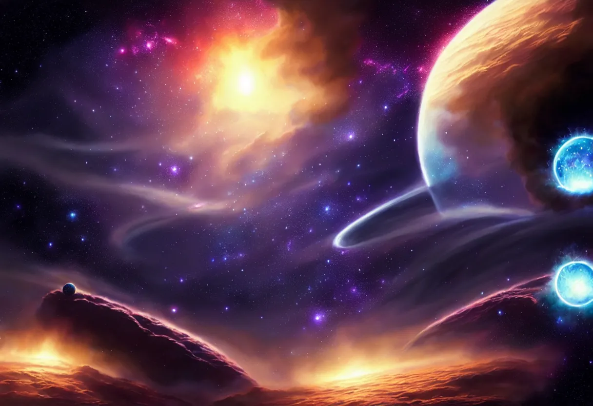 Image similar to beautiful render, planetary approach to exo planet with deep space nebula and galaxy and the horizon, asteroid belt around the planet, fantasy, intricate, elegant, highly detailed, digital painting, artstation, concept art, smooth, sharp focus, octane render, dramatic lighting, art by artgerm and greg rutkowski and alphonse mucha and wlop