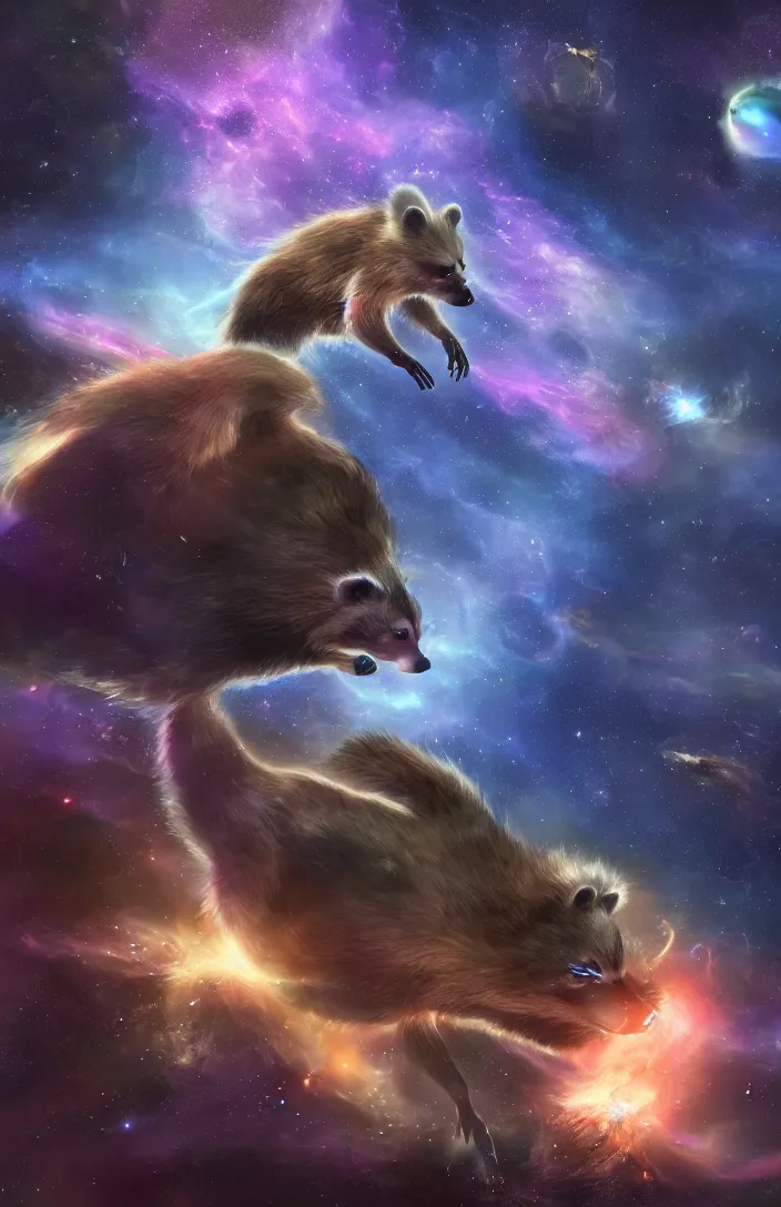 Image similar to A digital concept art painting a space cosmic racoon in the stars 4K UHD image, unreal engine