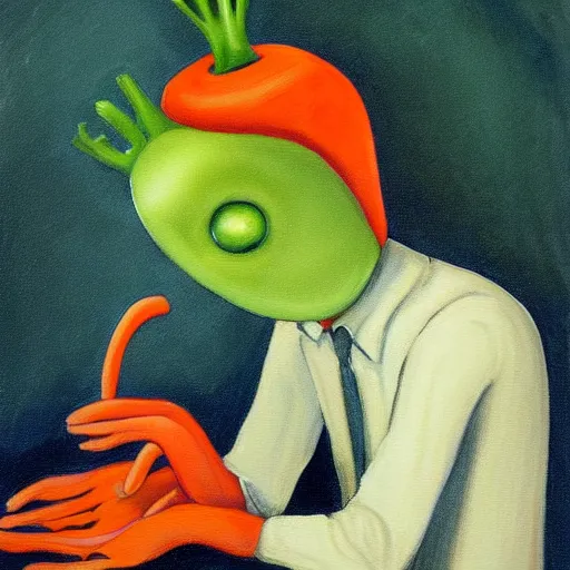 Prompt: Creepy painting of anthropomorphic carrot