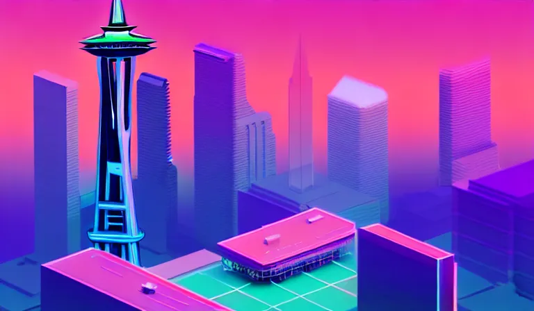 Image similar to a beautiful, sharp focus, and immaculate overcast futuristic isometric seattle cityscape. vaporwave ombre rendering. outrun style. trending on artstation. recommended for you behance. by chris moore. by edward hopper. beeple colors. ambient occlusion. digital matte painting. metropolis filmic. gotham city.