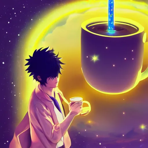 Image similar to A man drinking a cup of cosmic energy bright light by Masafumi Harada, 4k, digital art, surreal, anime style, space dandy style, highly detailed, godsend, artstation