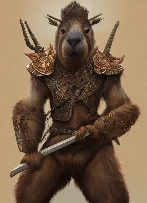 Image similar to illustrated fine matte painting of an anthropomorphic capybara warrior in full intricate armor by Julie Dillon, ultra detailed, digital art, octane render, 4K