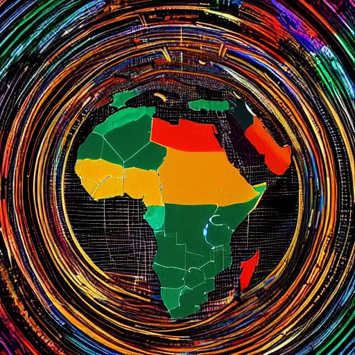 Image similar to a extremely ultra highly detailed hi - res ultra highly detailed colorful logo of africa black backround, zoom out, 8 k, high textures, ultra hyper sharp, insanely detailed and intricate, super detailed, 3 d render, 8 k hdr ultra high quality polygon digital art,