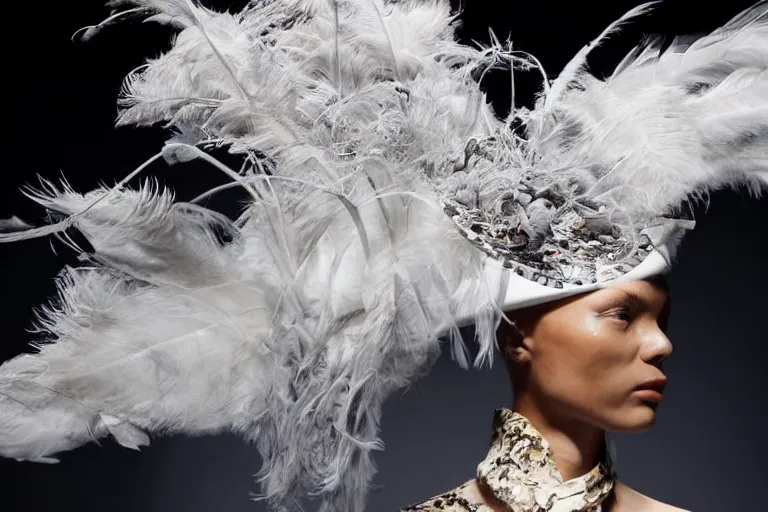 Image similar to a woman walking down a runway with a large cloudy hat on her head, a surrealist sculpture by alexander mcqueen, trending on behance, afrofuturism, made of feathers, whimsical, steampunk