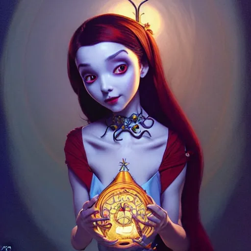 Prompt: sally, nightmare _ before _ christmas, intricate, elegant, highly detailed, my rendition, digital painting, artstation, concept art, smooth, sharp focus, illustration, art by artgerm and greg rutkowski and alphonse mucha and uang guangjian and gil elvgren and sachin teng, symmetry!!