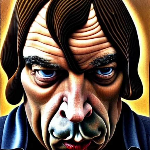 Image similar to javier bardem as anton chigurh in no country for old men. neutral menacing stare. oil painting by lucian freud. path traced, highly detailed, high quality, j. c. leyendecker, drew struzan tomasz alen kopera, peter mohrbacher, donato giancola