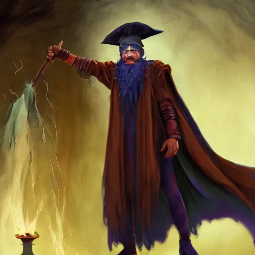 Prompt: Chawick the Fail Wizard, a wizar's apprentice in ragged and stained wizard's robes and hat. 8k resolution, full-length portrait, digital painting, fantasy art, D&D character art, greg rukowski, frank frazetta, larry elmore.