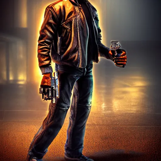 Image similar to The Terminator, in the style of Pixar animation. Full body 3D render. hdr.