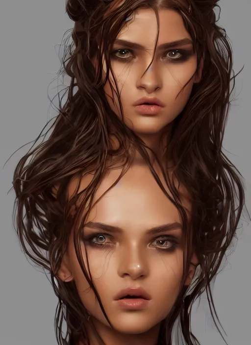 Image similar to Beautiful Goddess with long brown hair and brown skin brown eyes wearing leather armor by Ilya Kushvikov, symmetrical face concept art hyperrealism, Pouty expression, artstation