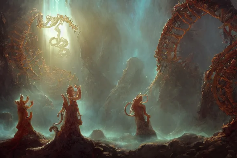 Image similar to the muses. sacred singers they who took up the strings of the deep ocean kraken, and turned the cacophony of an angry world into songs of unity and peace. morning lighting hopeful, sun beams cinematic fantasy painting, dungeons and dragons, jessica rossier and brian froud