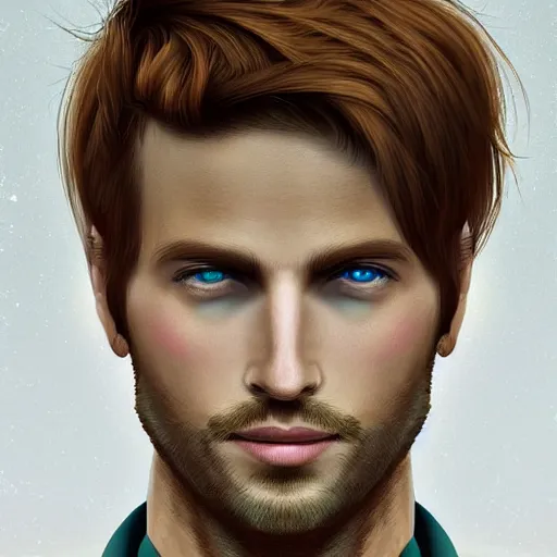 Prompt: professional digital art of a man with natural reddish - brown hair and green eyes, popular, high quality, highly detailed, hd, 4 k