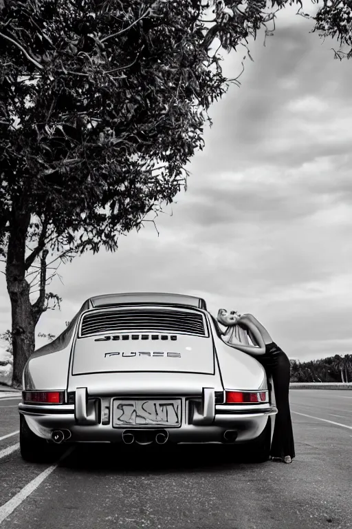 Image similar to Photo of a beautiful model leaning on a silver Porsche 911 Carrera 3.2, daylight, dramatic lighting, award winning, highly detailed, fine art photography