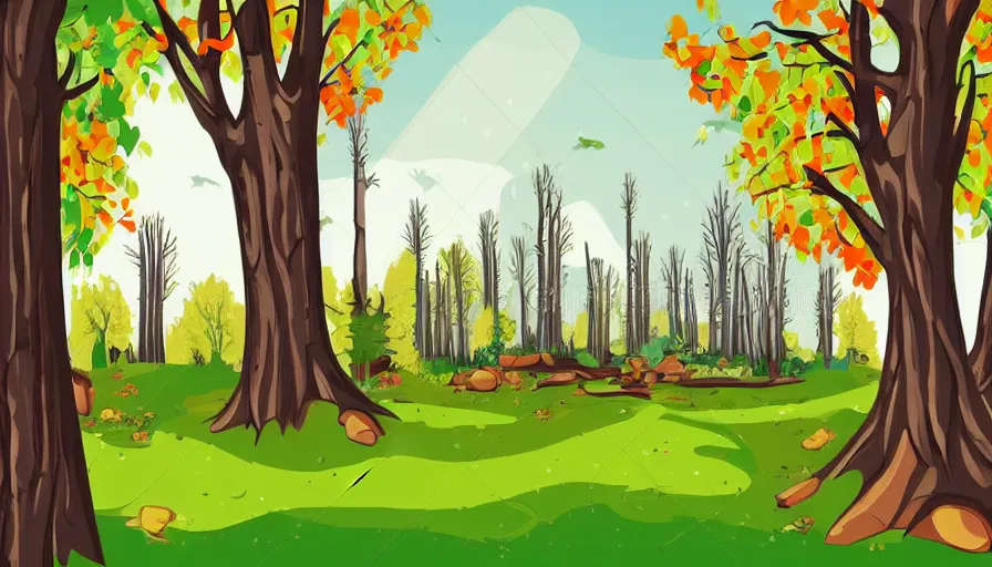 Image similar to forest with giant trees, ruins, colorful, vector illustration