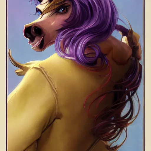 Image similar to portrait of a menacing beautiful Applejack, short muzzle, top half of body, My Little Pony, by Stanley Artgerm Lau , greg rutkowski, thomas kindkade, alphonse mucha, loish, norman rockwell, J. C. Leyendecker. bright purple mane, purple fur, angry complexion, beautiful detailed eyes, black rose frame. D&D, fantasy. Trending on artstation rule of thirds extremely detailed old illustration hd 4k