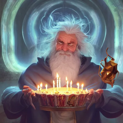 Image similar to a yound deshelved wizard with crazy hair blowing out his birthday candles, art by artgerm and greg rutkowski and alphonse mucha, concept art, octane render, unreal engine 5, highly detailed, high quality, 8 k, soft lighting, realistic face, path traced