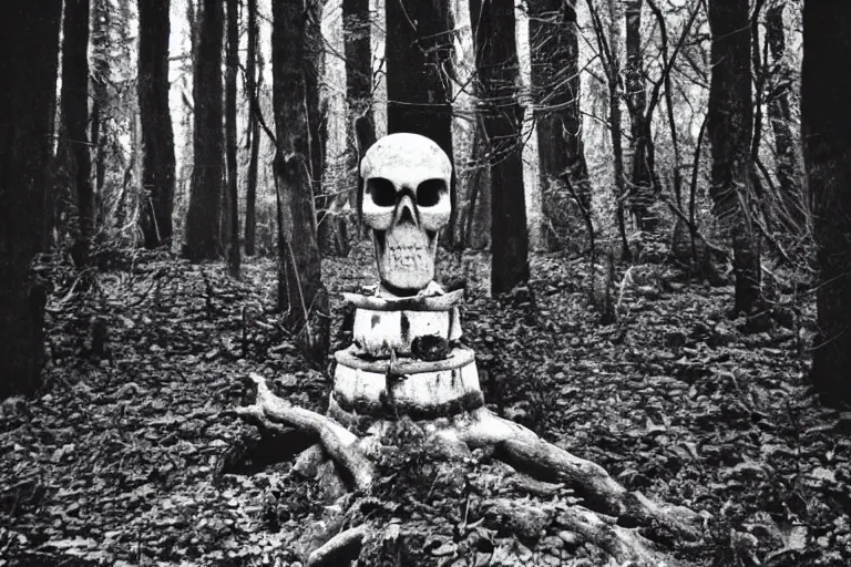 Prompt: an analog photograph of a skull totem in a forest, strange pagan ritualistic place, menhirs, high quality analog picture