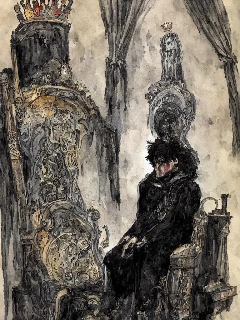 Prompt: portrait of king neil gaiman on his throne, in the style of mike dringenberg and dave mckean