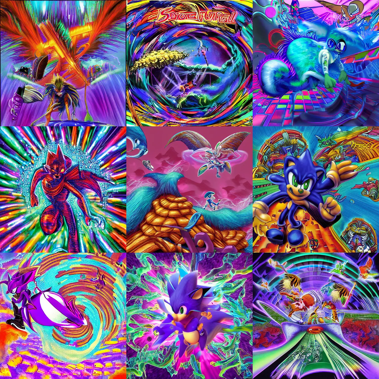 Prompt: surreal, sharp, detailed professional, high quality airbrush art MGMT album cover of a liquid dissolving LSD DMT blue sonic the hedgehog surfing through cyberspace, purple checkerboard background, 1990s 1992 Sega Genesis video game album cover