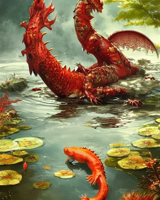 Image similar to game character beautiful giant kaiju sized pond dragon half fish half salamander, wet amphibious skin, red salamander, axolotl creature, koi pond, korean village by Ruan Jia and Gil Elvgren, fullbody