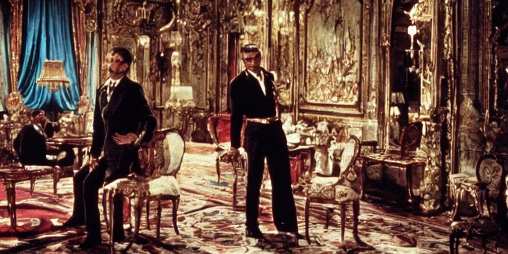 Prompt: a scene from a movie of luchino visconti with marcello mastroianni standing. technicolor!!!!, vivid colors, colorful, cinematic, highly detailed