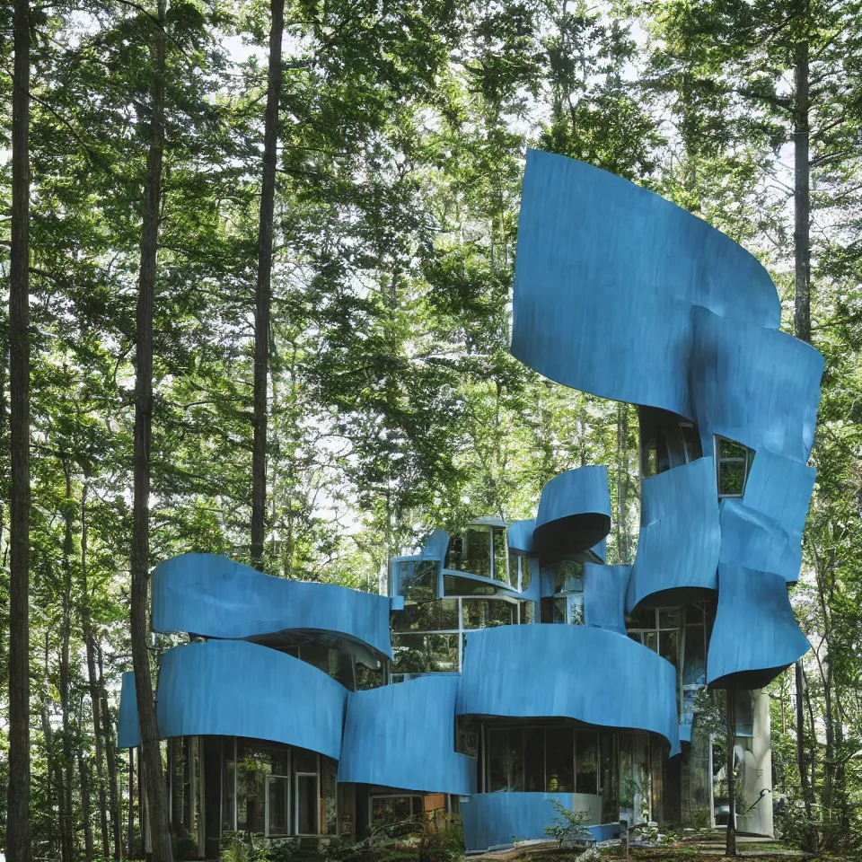 Prompt: architecture ad for a mid-century modern house in the middle of the forrest, designed by Frank Gehry. Film grain, cinematic, blue hue