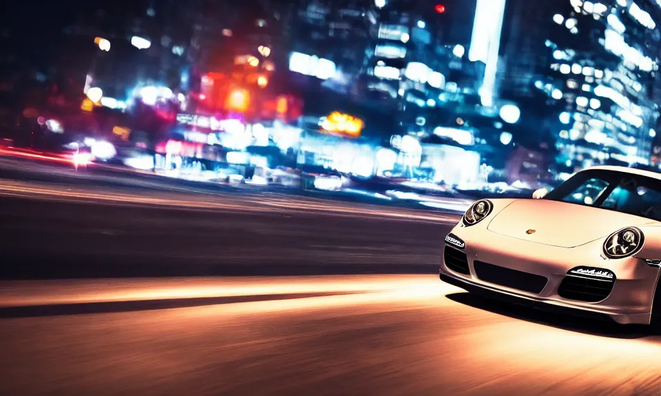 Image similar to photo of a porsche 911 at night drifting through a city, cinematic, 4k, long exposure photography, tokyo drift, fast and furious, film still, night photography, motion blur, lens flare, movie shot, light trail, distortion, wide angle, reflections