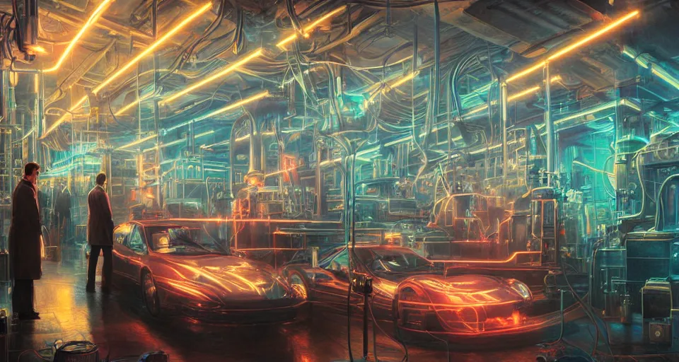 Image similar to nikolai tesla in his lab, electrical arcs, neon glow, highly detailed, digital art, intricate, dramatic lighting, steampunk, neon colors, cinematic, art by artgerm, greg rutkowski, syd mead