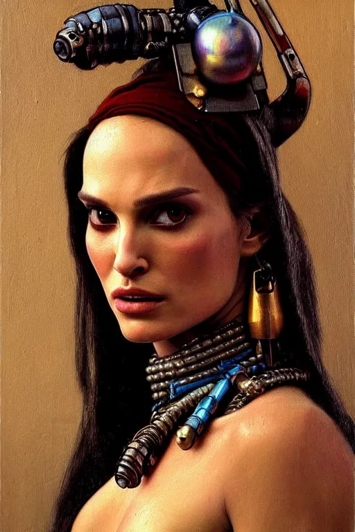 Image similar to character portrait cyberpunk warhammer 4 0 k, natalie portman as the girl with the pearl earring character design, painting by gaston bussiere, katsuya terada, frank frazetta, tom of finland, trending on artstation