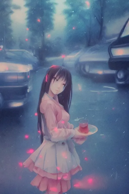 Image similar to art by D. Jun, by Mo Xiang Tong Xiu, 3d Infrared photo cute girls in Japanese maid's clothes and smoking inside a JDM car in the rain at sunrise in a parking lot, anime vintage colors, polaroid, foggy, volumetric light, cinematic render, rending on artstation, oil painting