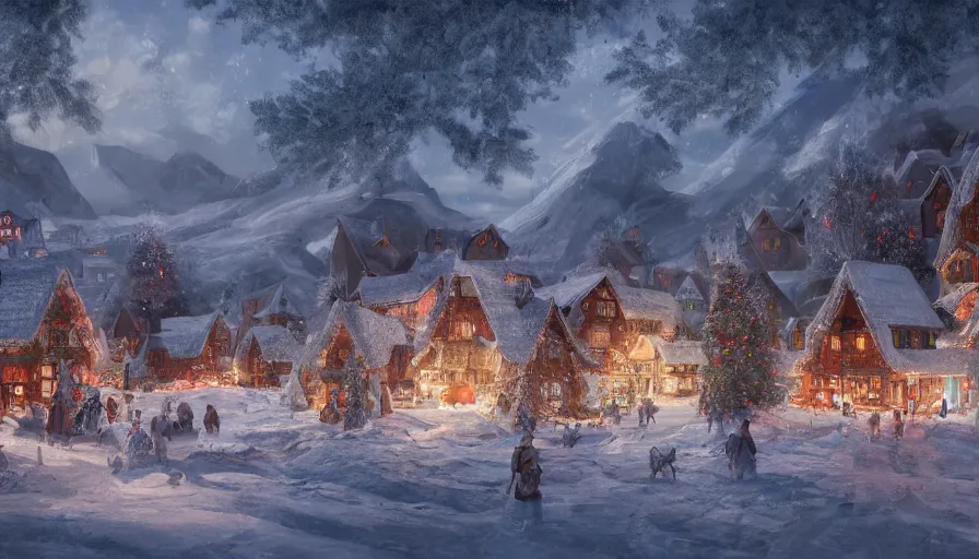 Image similar to Digital painting of a Nordic village decorated with lights built inside a snowy mountain, hyperdetailed, artstation, cgsociety, 8k