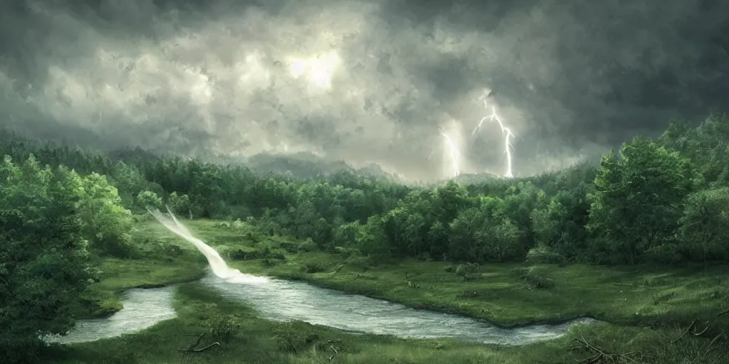 Image similar to A tornado in a beautiful scenic landscape, nature, trees, wide angle, super highly detailed, professional digital painting, artstation, concept art, smooth, sharp focus, no blur, no dof, extreme illustration, Unreal Engine 5, Photorealism, HD quality, 8k resolution, cinema 4d, 3D, beautiful, cinematic, art by artgerm and greg rutkowski and alphonse mucha and loish and WLOP