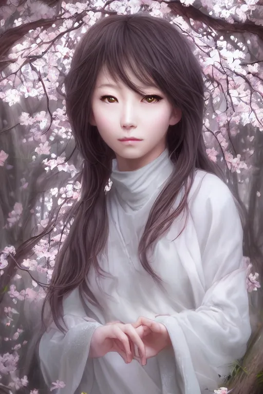 Image similar to Anthro Portrait of japanese white tailed deer girl, D&D, dark fantasy, anthro portrait, sakura blooming on background, intricate, elegant, deer portrait, highly detailed, digital painting, artstation, concept art, smooth, sharp focus, maybe some llama, illustration, art by artgerm and greg rutkowski and alphonse mucha, daily deviation, masterpiece