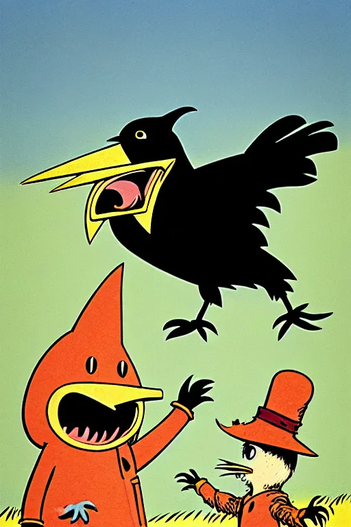 Image similar to by richard scarry. a raven laughing at a scarecrow. a 1 9 5 0 s retro illustration. studio ghibli. muted colors, detailed