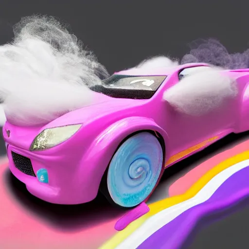 Prompt: a sport car made of candy over a road made of cotton candy
